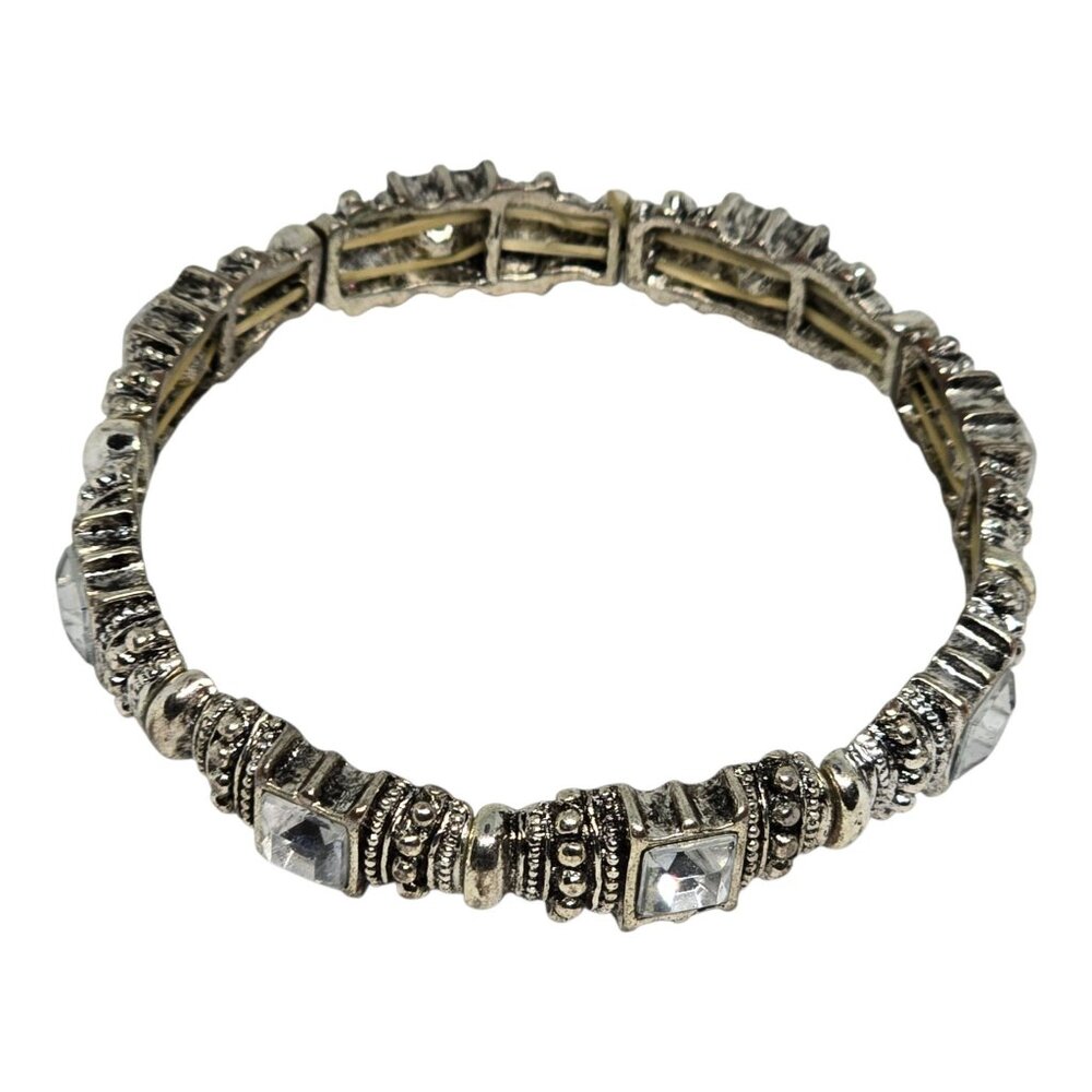 Vintage Silver Tone Stretch Bracelet Clear Rhinestone Crystal Square Ornate - Picture 7 of 10